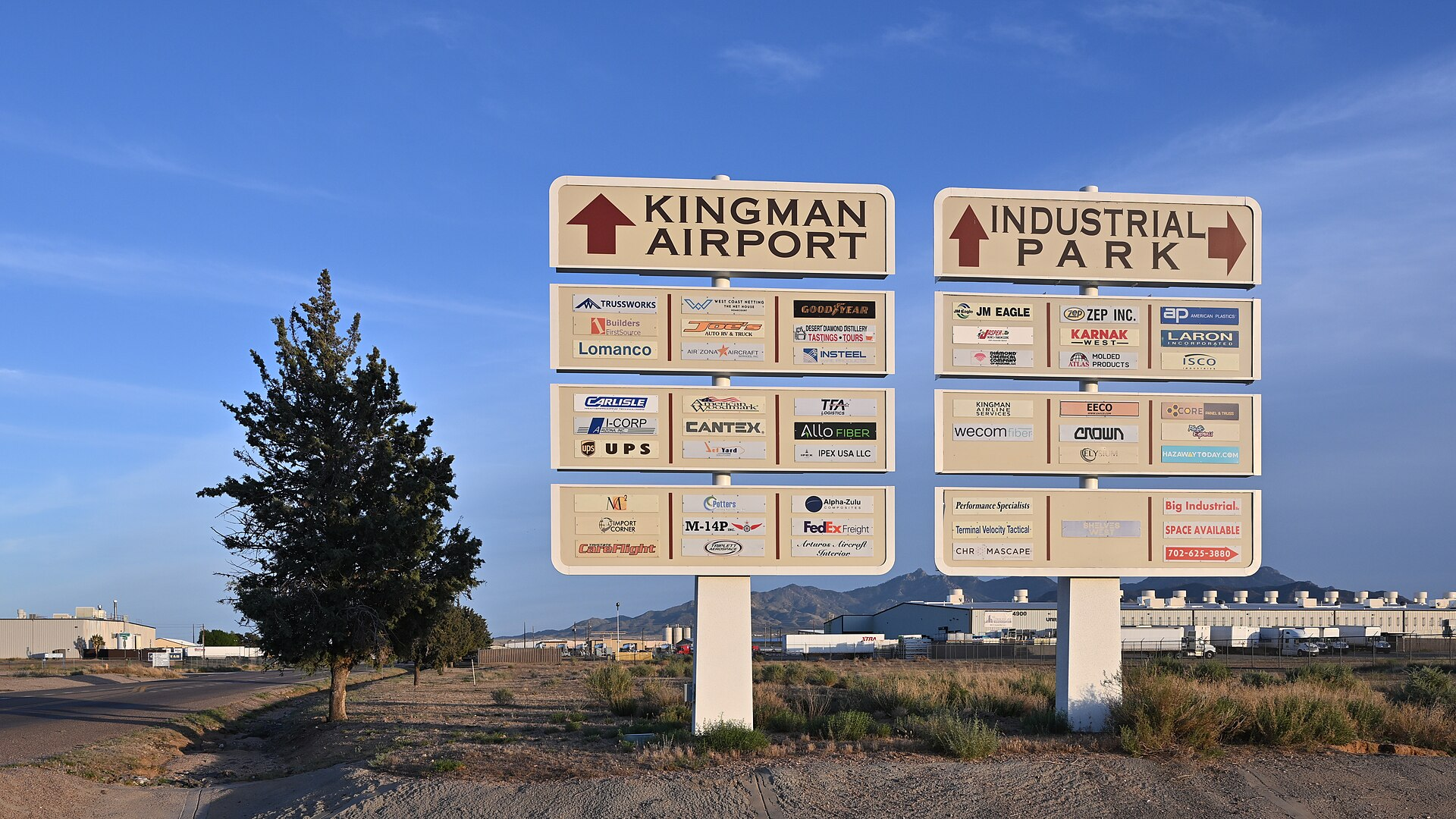 Entrance signs for Kingman Airport and Industrial Park in Arizona