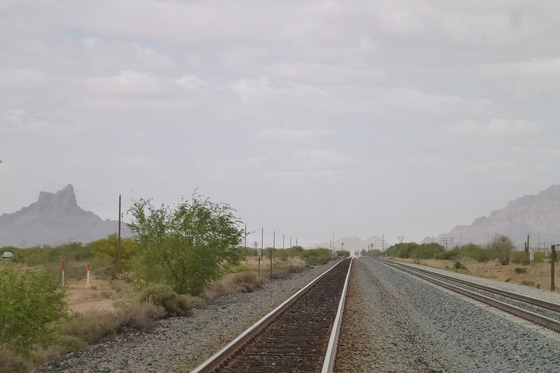 Union Pacific Railroad corridor near Marana with Picacho Peak on the horizon
